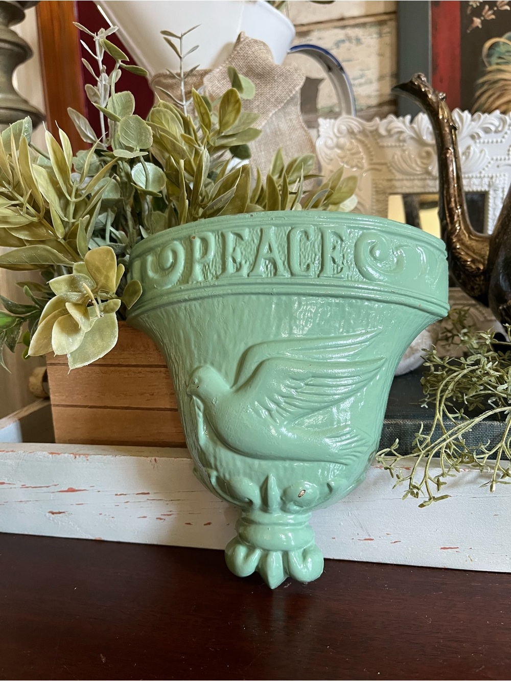 Mint Green Metal Peace Wall Planter 1976 Decorative Home Accent